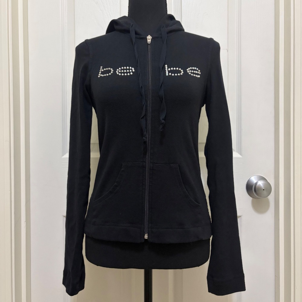 Vtg Y2K Bebe Zip Up Hoodie Sweatshirt XS S M L Black Rhinestone USA Made McBling